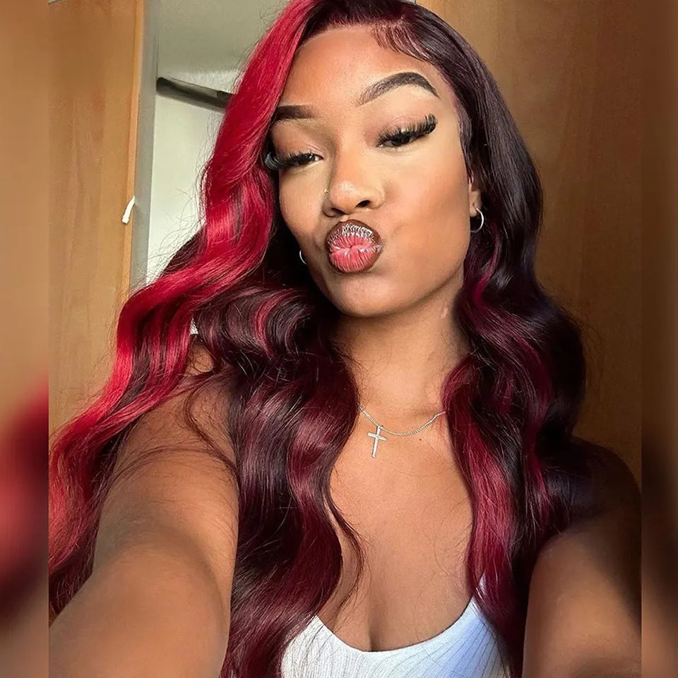 34 Inches Perivian HD Lace Front Wig Red Ombre Black Body Wave Lace Frontal Wig Colored Highlight Wig Synthetic Preplucked