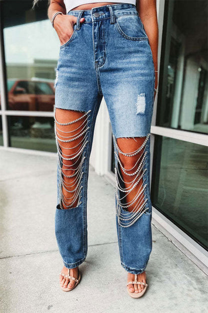 storexq Ripped Cool Rhinestone Chain Decor Jeans