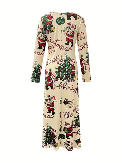 Vintage-Inspired Women's Long Sleeve Swing Dress - Festive Holiday Print, Round Neckline, Polyester and Spandex Knit Fabric, Elegant Autumn/Winter Season Dress