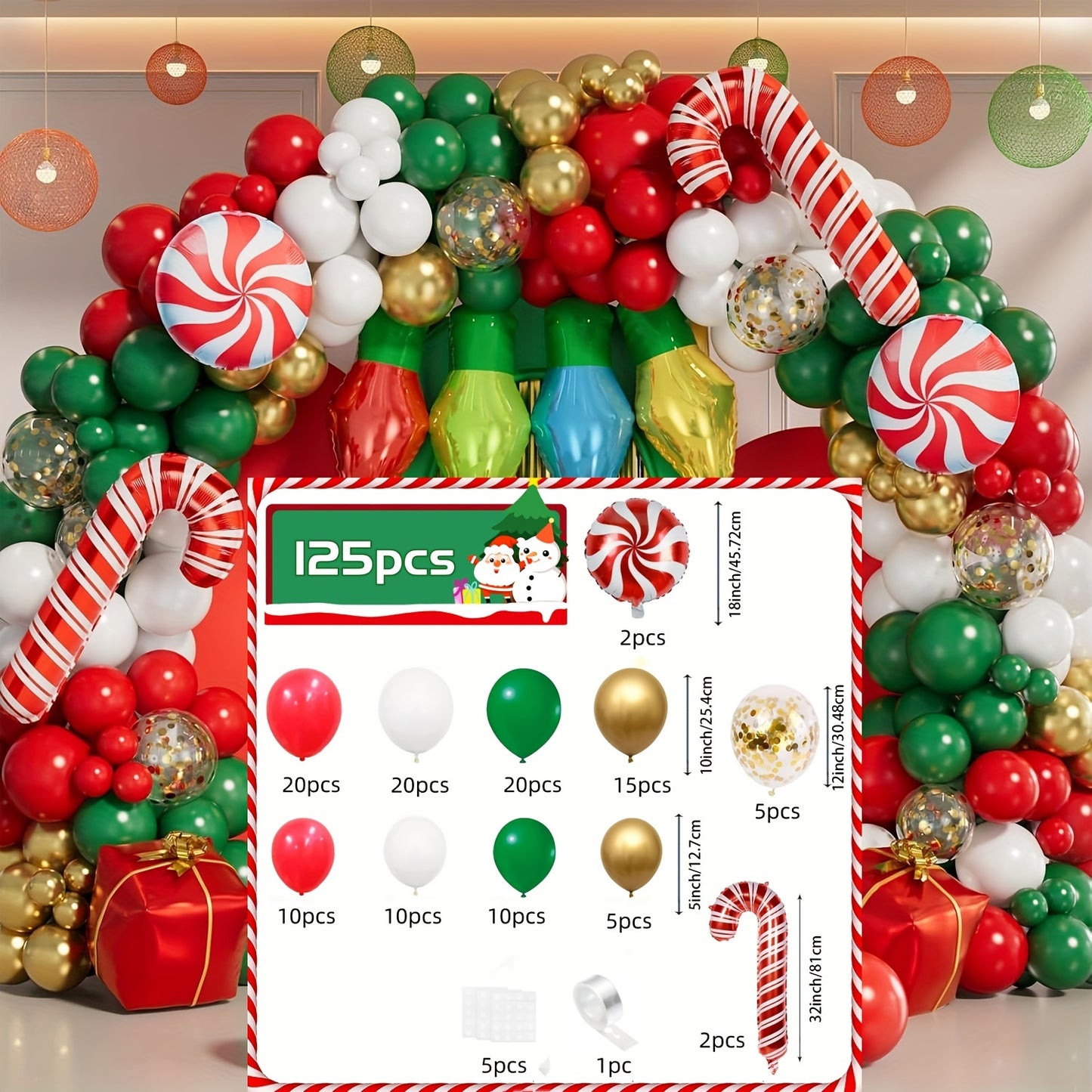 125pcs Christmas Balloon Garland Kit - Festive Red, Green & Golden Latex with Light Bulb & Candy Accents for Holiday Parties and New Year's Eve Decorations