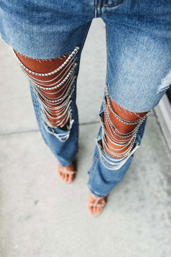 storexq Ripped Cool Rhinestone Chain Decor Jeans