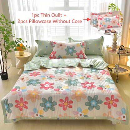 3pcs Luxurious Skin-Friendly Floral Quilt Set - Soft, Breathable, and Comfortable for All Seasons - Ideal for Single, Double, Hotel, Home, Bedroom, Guest Room, and Sofa with 1 Thin Quilt and 2 Pillowcases