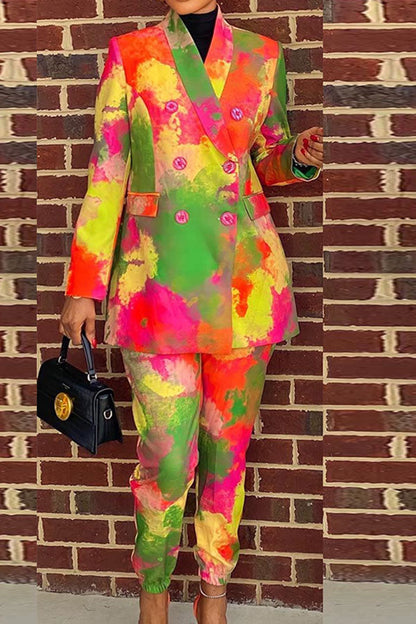 storexq Colorful Splash Ink Print Shawl Collar OL Pant Suit