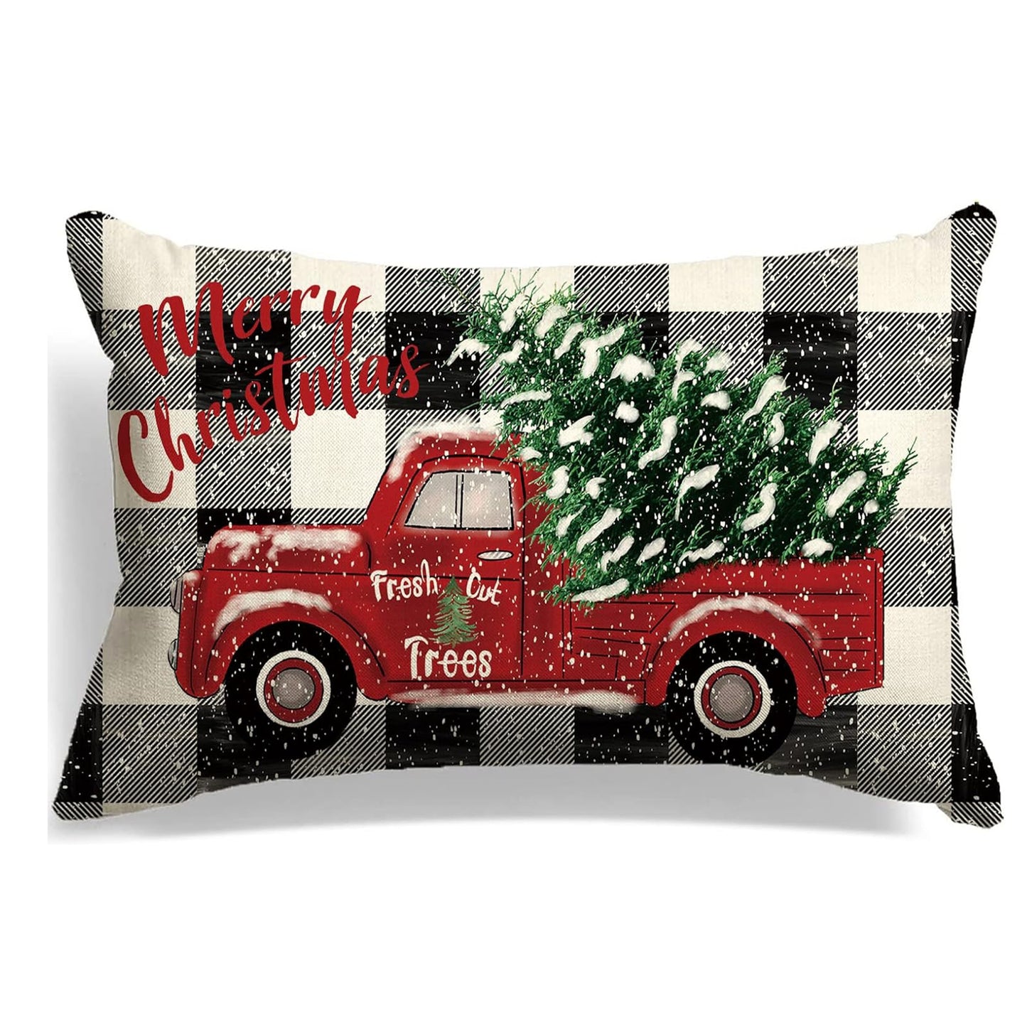 12 x 20 Inch Single Sided Linen Festive Farmhouse Christmas Pillow Cover: Red Truck with Plaid Background, Machine Washable, Zipper Closure for Various Room Types