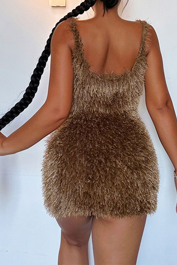 storexq Solid Color Fluffy Scoop Neck Mini Dress