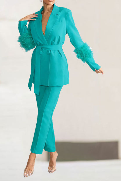 storexq Solid Color Feather Trim Elegant Belted Pant Suit