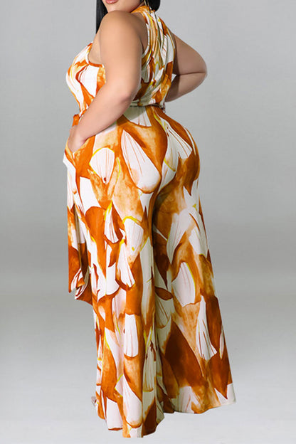 storexq Leaf Print Elegant Belted Wide Leg Jumpsuit