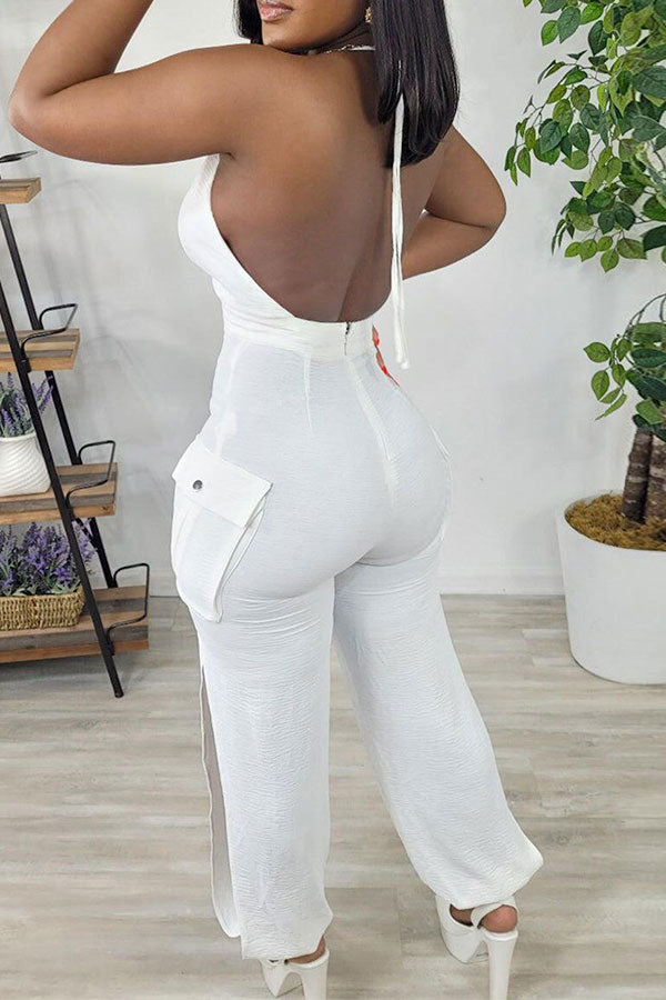 storexq Solid Color Halter Collar Urban Side Cutout Jumpsuit