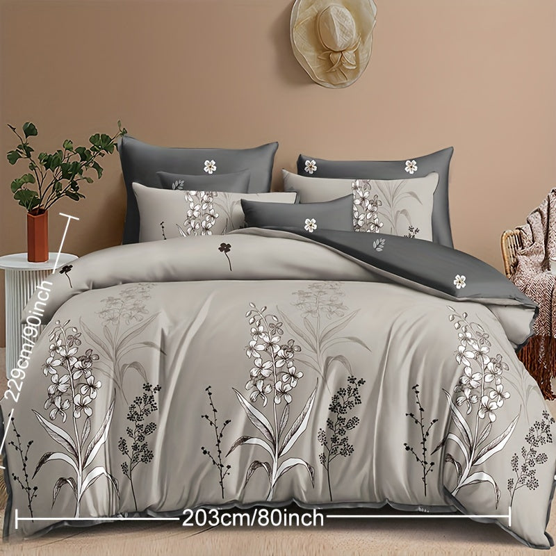 3-Piece Soft Grey Plant Printed Duvet Cover Set - Comfortable, Breathable, and Hypoallergenic Bedding for Bedroom and Guest Room - Includes 1 Duvet Cover and 2 Pillowcases, Without Core, Perfect for Ramadan