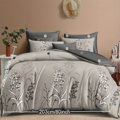 3-Piece Soft Grey Plant Printed Duvet Cover Set - Comfortable, Breathable, and Hypoallergenic Bedding for Bedroom and Guest Room - Includes 1 Duvet Cover and 2 Pillowcases, Without Core, Perfect for Ramadan