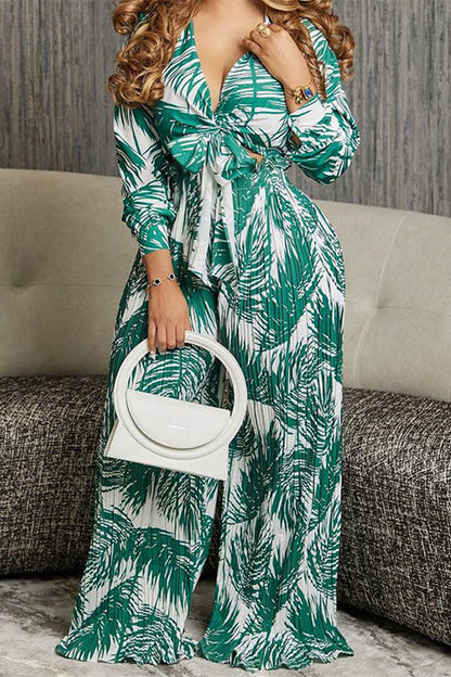 storexq Leaf Print Chic Lace-Up Wide Leg Pant Suit