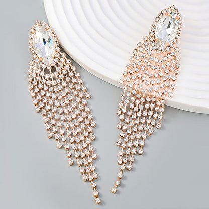 storexq Rhinestone Shimmery Tassel Willow-Leaf Shaped Earrings