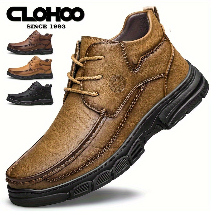 CLOHOO Mid-Top Mens Solid Ankle Shoes - Wear-Resistant Anti-Skid PU Upper Lace-Up Shoes with Round Toe Cap for Casual Daily Outdoor Use - Breathable PU Insole, Rubber Sole, and All-Season Versatility