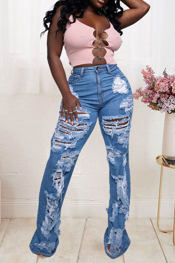 storexq Blue On-trend Ripped Flared Jeans