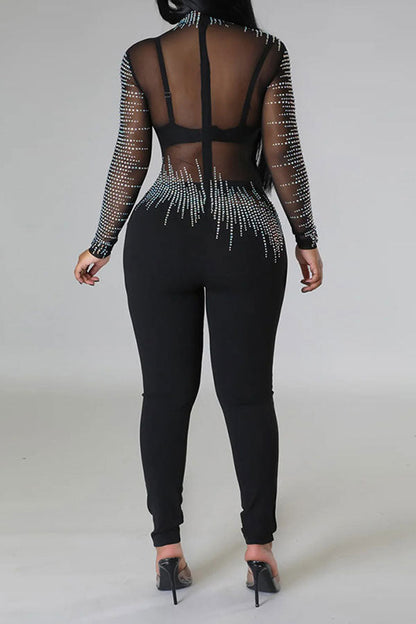 storexq Rhinestone Stylish Mesh Patchwork Bodycon Jumpsuit