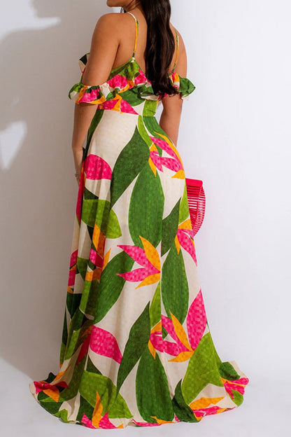 namcoverse Leaf Print Tropical Ruffle Irregular Split Maxi Dress