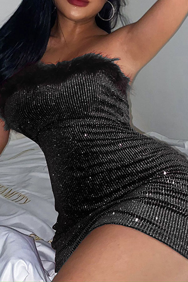 storexq Feather Trim Shimmery Bandeau Mini Dress