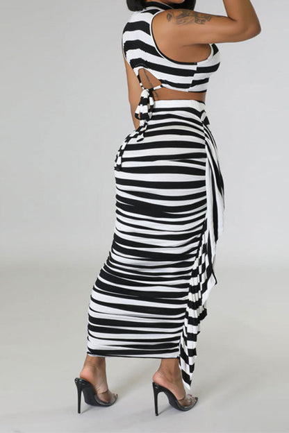 storexq Striped Cute Tie Back Side Ruffle Dress Suit