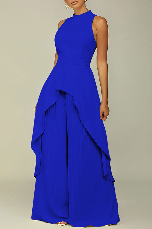 storexq Solid Color Halter Collar Stunning Irregular Pleated Pant Suit