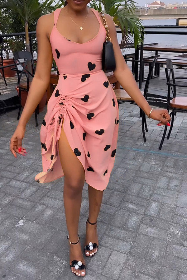 namcoverse Heart Print Sweet Tie Back Drawstring Midi Dress