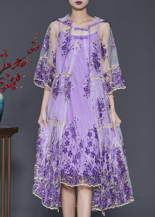 peopleterritory Beautiful Purple Embroidered Tulle Dress Two Pieces Set Summer SD1070