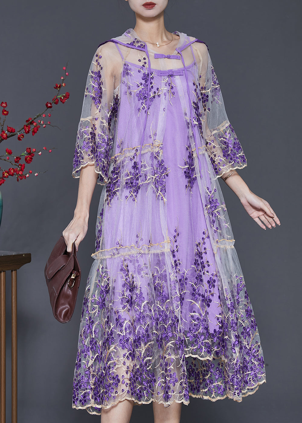 peopleterritory Beautiful Purple Embroidered Tulle Dress Two Pieces Set Summer SD1070