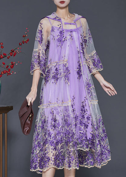 peopleterritory Beautiful Purple Embroidered Tulle Dress Two Pieces Set Summer SD1070