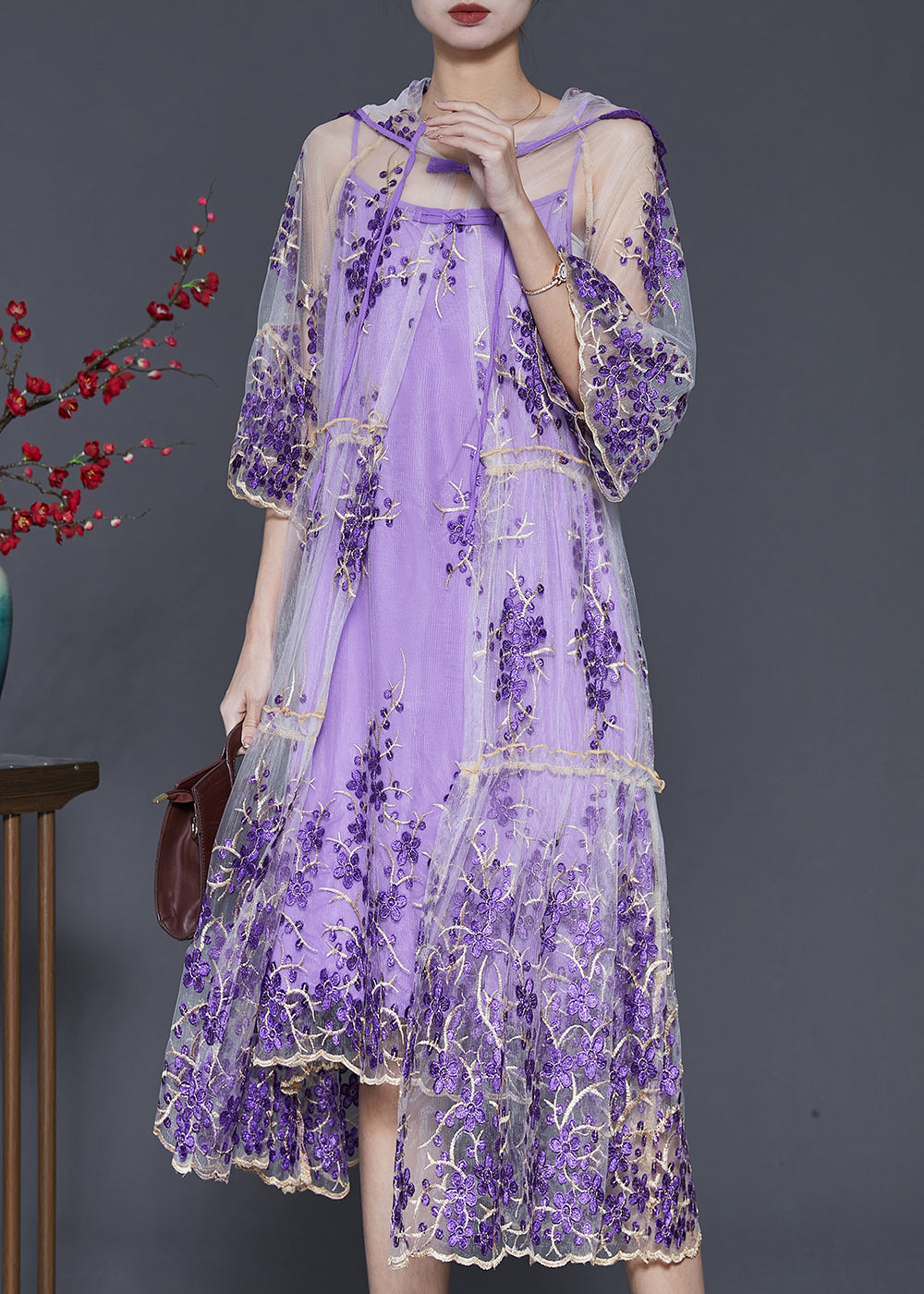 peopleterritory Beautiful Purple Embroidered Tulle Dress Two Pieces Set Summer SD1070