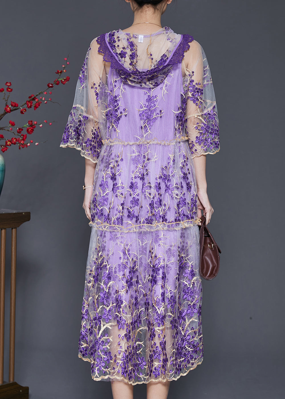 peopleterritory Beautiful Purple Embroidered Tulle Dress Two Pieces Set Summer SD1070