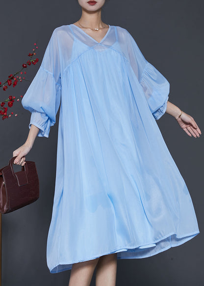 peopleterritory Bohemian Lake Blue Draping Chiffon Dress Two Piece Set Lantern Sleeve SD1040