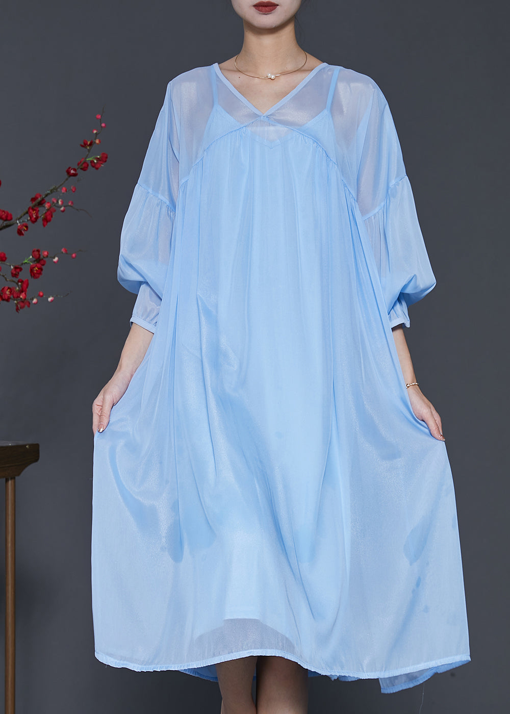 peopleterritory Bohemian Lake Blue Draping Chiffon Dress Two Piece Set Lantern Sleeve SD1040