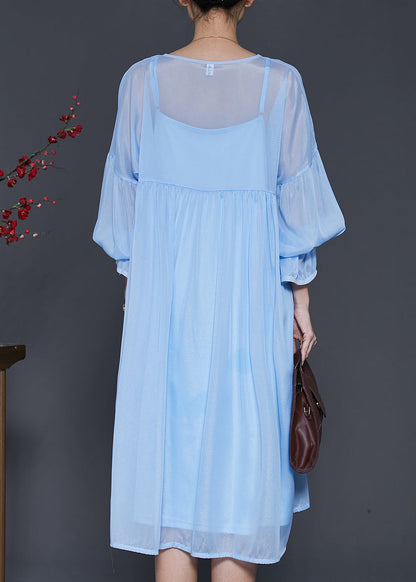 peopleterritory Bohemian Lake Blue Draping Chiffon Dress Two Piece Set Lantern Sleeve SD1040