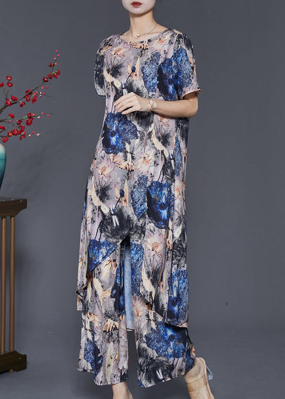 peopleterritory Boho Grey Asymmetrical Print Chiffon 2 Piece Outfit Summer SD1013