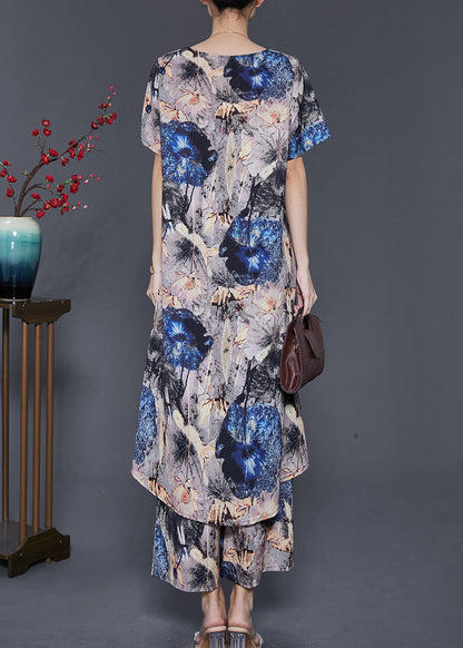 peopleterritory Boho Grey Asymmetrical Print Chiffon 2 Piece Outfit Summer SD1013