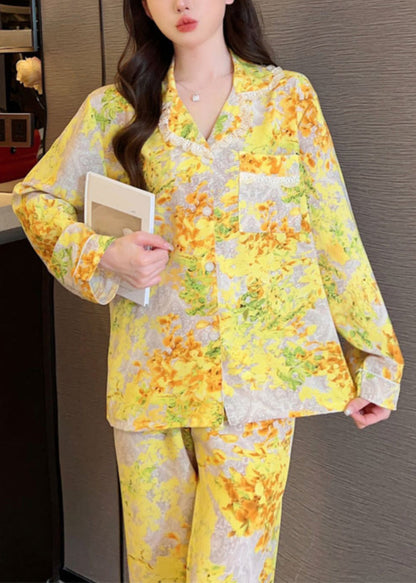 peopleterritory Chic Yellow Print Button Ice Silk Two Pieces Set Long Sleeve XS1015