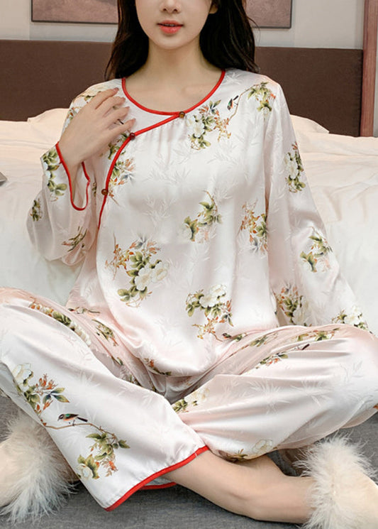 peopleterritory Chinese Style Beige O-Neck Print Patchwork Ice Silk Two Pieces Set Long Sleeve XS1014