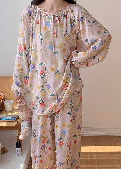 peopleterritory Cute Apricot O-Neck Print Silk Velvet Top And Pants Two Pieces Set Long Sleeve XS1005