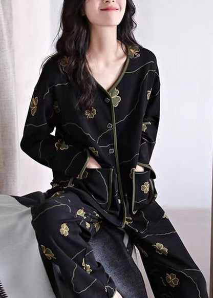 peopleterritory Elegant Black Print Button Cotton Two Pieces Set Long Sleeve XS1020