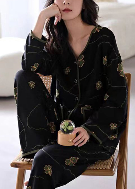 peopleterritory Elegant Black Print Button Cotton Two Pieces Set Long Sleeve XS1020