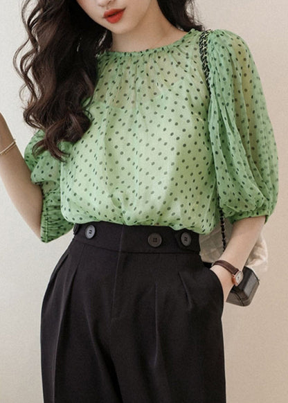 peopleterritory Elegant Green O Neck Print Chiffon Two Pieces Set Half Sleeve OP1025