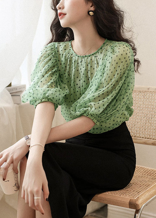 peopleterritory Elegant Green O Neck Print Chiffon Two Pieces Set Half Sleeve OP1025