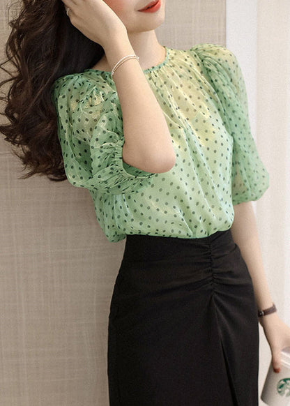 peopleterritory Elegant Green O Neck Print Chiffon Two Pieces Set Half Sleeve OP1025