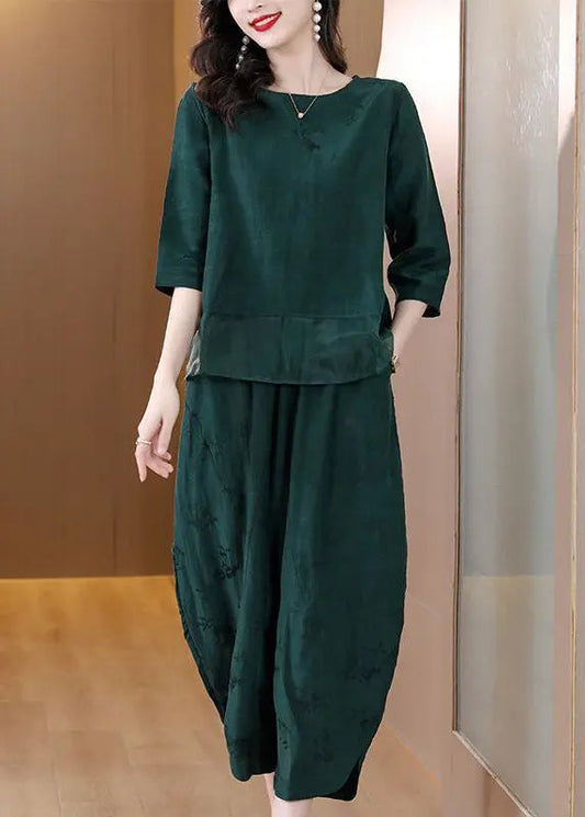 peopleterritory Elegant Green Oversized Patchwork Linen Two Pieces Set Spring HA1023