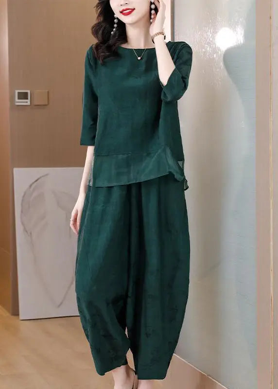 peopleterritory Elegant Green Oversized Patchwork Linen Two Pieces Set Spring HA1023