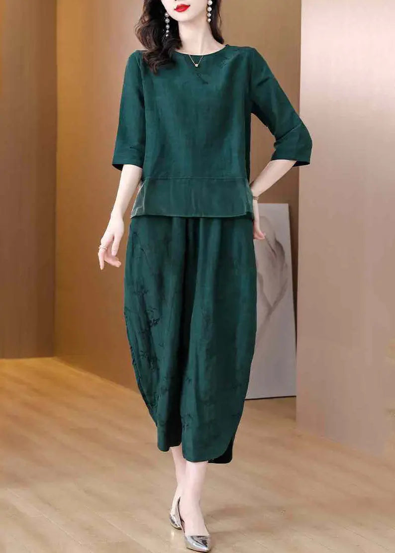 peopleterritory Elegant Green Oversized Patchwork Linen Two Pieces Set Spring HA1023