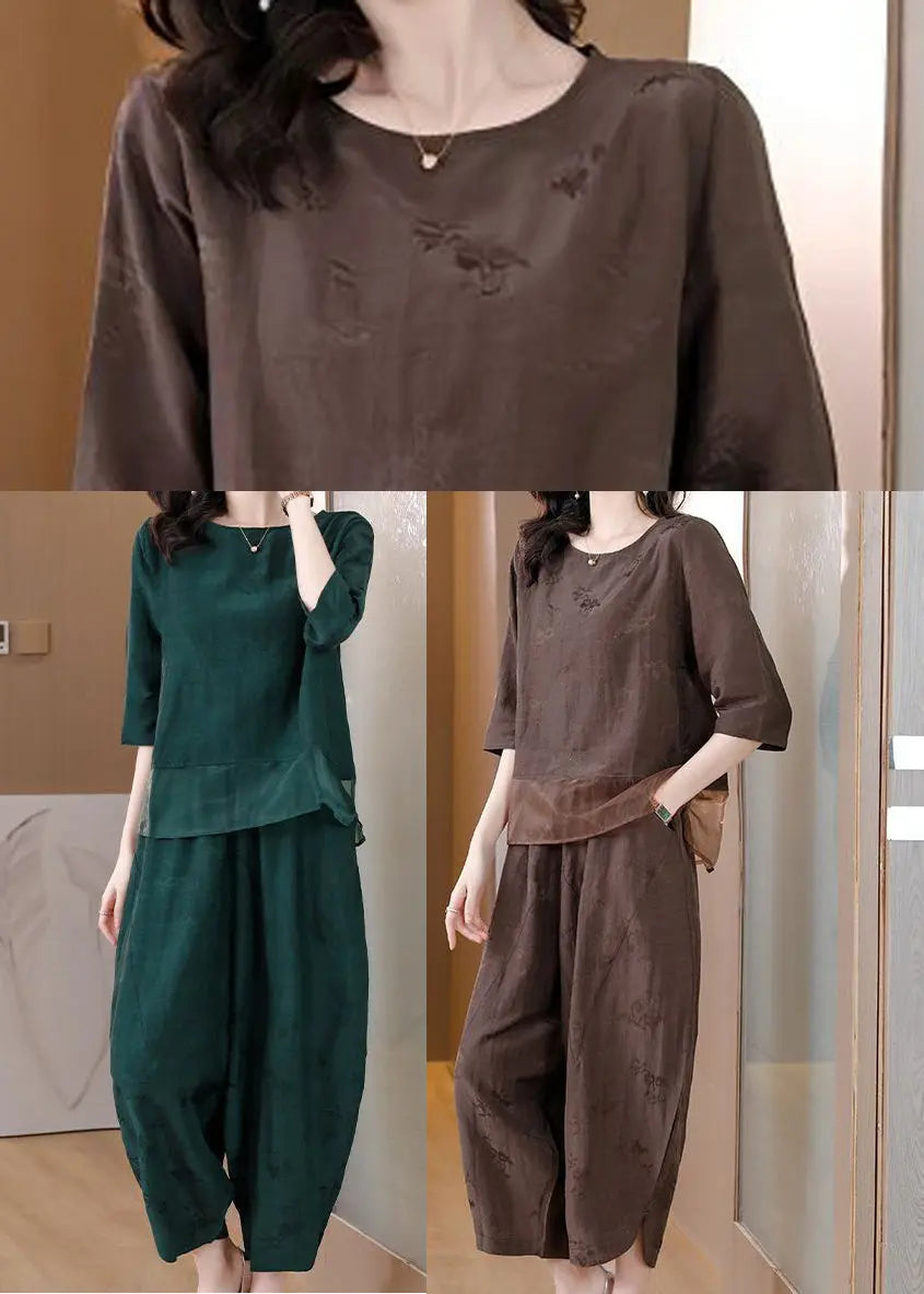 peopleterritory Elegant Green Oversized Patchwork Linen Two Pieces Set Spring HA1023