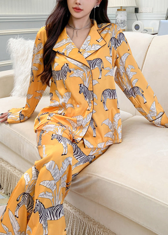 peopleterritory Fashion Yellow Notched Print Shirts And Pants Two Pieces Set Spring XS1011