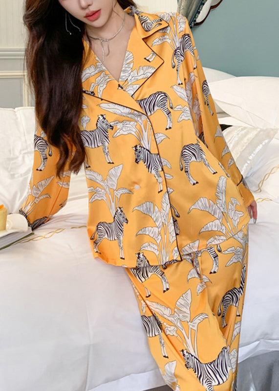 peopleterritory Fashion Yellow Notched Print Shirts And Pants Two Pieces Set Spring XS1011