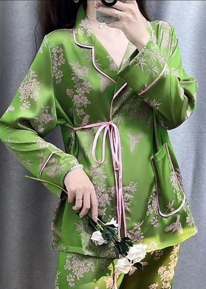 peopleterritory Fitted Green Peter Pan Collar Print Ice Silk Two Pieces Set Spring XS1026