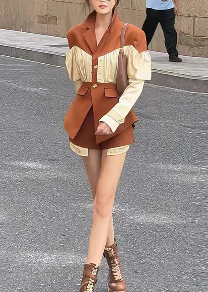 peopleterritory French Coffee Wrinkled Patchwork Coat And Shorts Two Pieces Spring HA1013